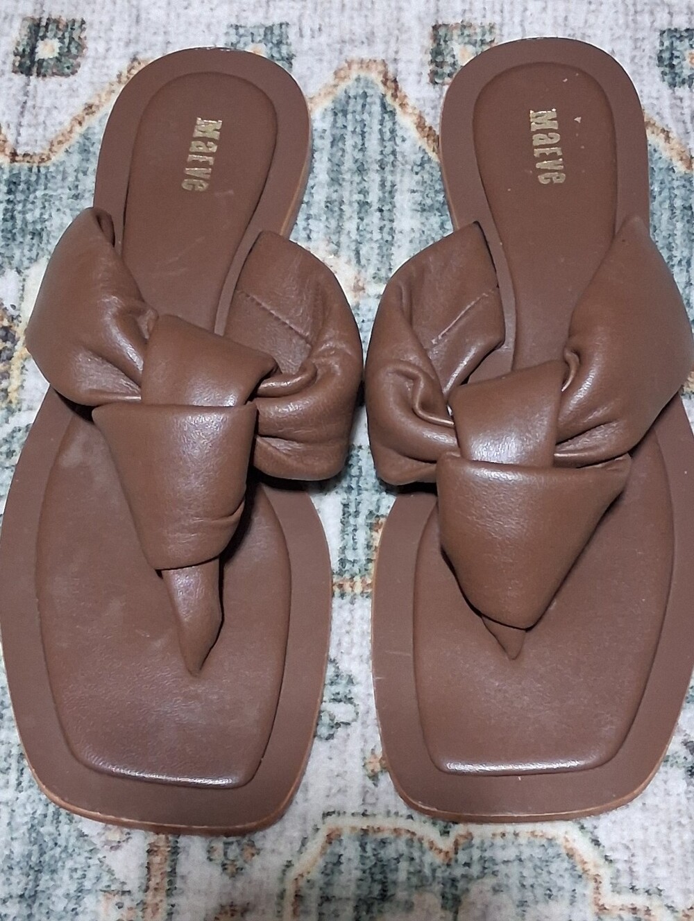 Anthropologie MAEVE Puffy Knotted Square Toe Slip Flat Sandal Brown Leather Sz 9